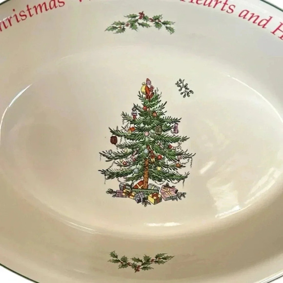 SPODE Christmas Tree Sentiment Oval Green Rim Dish 12.75" Microwave Freezer Safe - Picture 2 of 6
